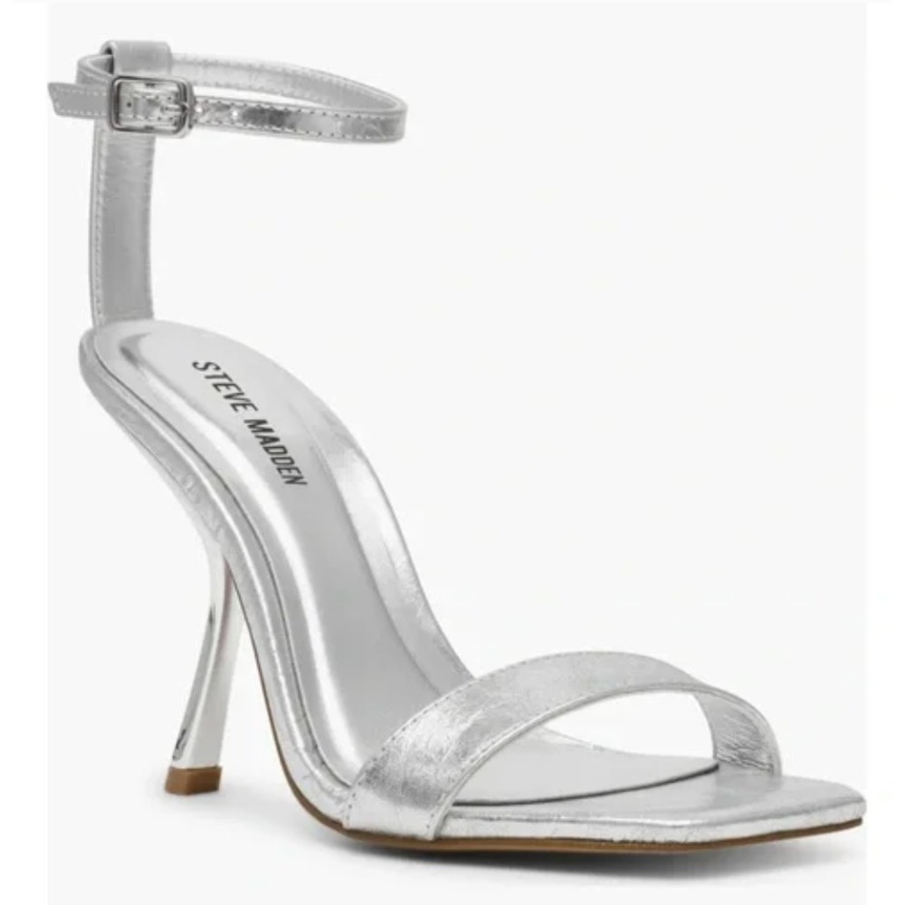 Steve Madden Size 10 READ Luxedo Silver Metallic Leather Stiletto Heels Sandals